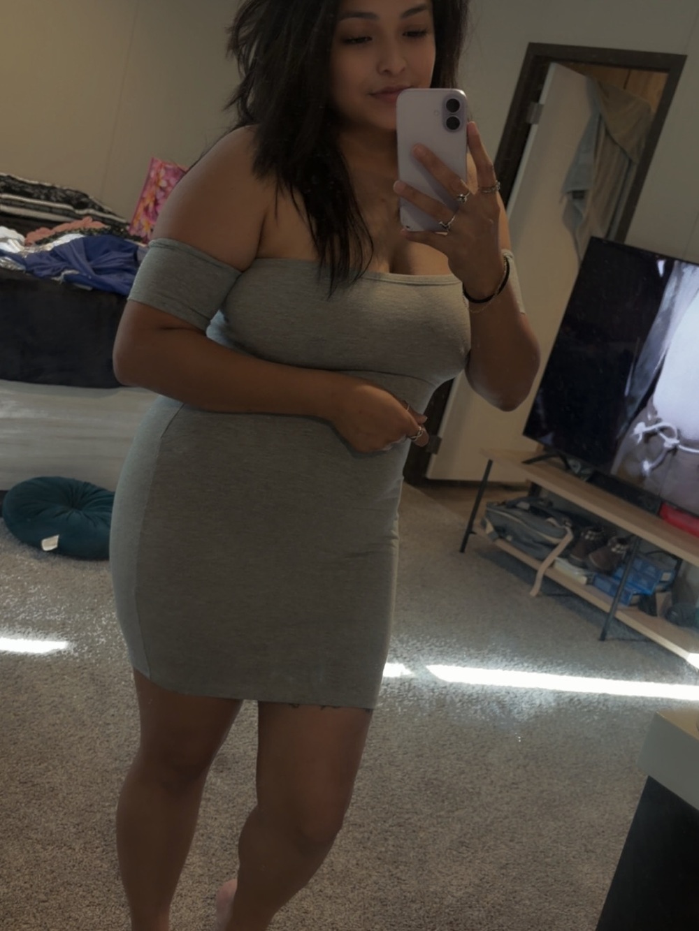 Fashion Nova Off-Shoulder Bodycon Mini Dress in Gray